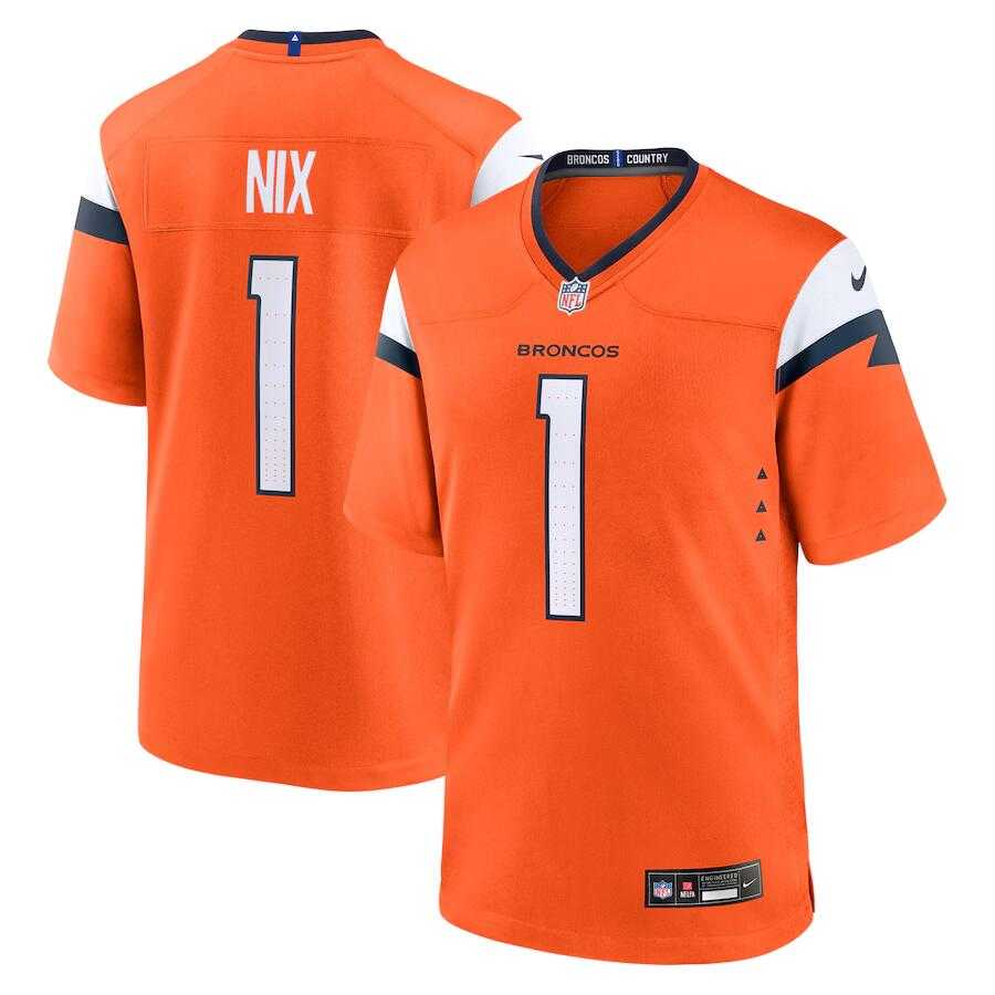 Mens Denver Broncos #1 Bo Nix Orange 2024 Game Stitched Jersey Dzhi->denver broncos->NFL Jersey